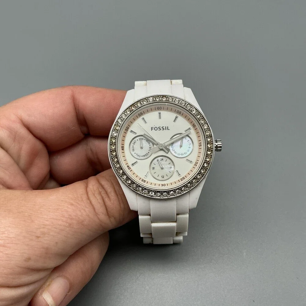 Fossil Stella ES-1967 Womens Watch 37mm White Dial White Resin New Battery 7